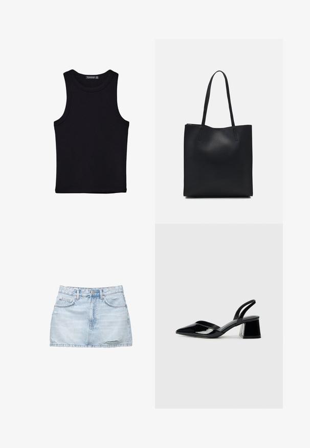 Schwarzes Tanktop aus Baumwolle mit rundem Halsausschnitt und weiten Armöffnungen. Glatte Textur mit genähten Säumen. Klassisches, minimalistisches Design.; Hellblauer Denim-Minirock mit ausgefranstem Saum, zwei vorderen Taschen und einem einzigen Knopfverschluss. Hat leichte Gebrauchsspuren für einen used Look.; Schwarze Lackleder-Slingback-High Heels mit spitzem Schuh und einem geometrischen Blockabsatz. Verfügt über ein schlankes, minimalistisches Design und eine glatte Textur.; Schwarze Laptoptasche aus Leder mit glatter Textur, rechteckiger Form und zwei langen Griffen. Keine sichtbaren Beschläge oder Verzierungen.