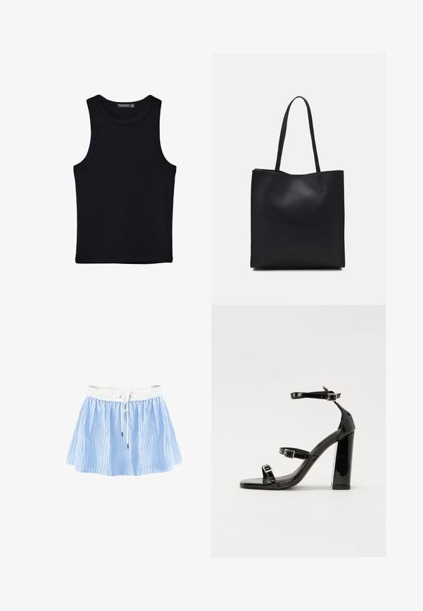 Zwarte tanktop gemaakt van katoen, met een ronde halslijn en brede armopeningen. Gladde textuur met gestikte zomen. Klassiek, minimalistisch ontwerp.; Blauw-witte gestreepte rok met een smocktaille, voorzien van een trekkoordsluiting en een uitlopende vorm voor een comfortabele pasvorm en beweging.; Zwarte gepatenteerde sandalen met hak en een vierkante neus, enkelbandjes en zilveren gespen. Heeft een stevige blokhak voor stabiliteit.; Zwarte leren handtas met een gladde textuur, rechthoekige vorm en twee lange handvaten. Geen zichtbare hardware of versieringen.