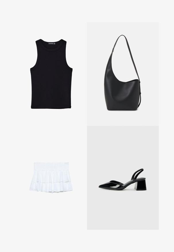 Czarny top na ramionczkach wykonany z bawełny, z okrągłym dekoltem i szerokimi wycięciami na ramionach. Gładka tekstura z przeszytymi brzegami. Klasyczny, minimalistyczny design.; Białe szorty z falbanami i marszczoną talią, z warstwowym materiałem i subtelnymi detalami teksturalnymi. Lekki i swobodny krój.; Czarne lakierowane półbuty na obcasie z wydłużonym noskiem i geometrycznym słupkiem. Charakteryzują się eleganckim, minimalistycznym designem oraz gładką fakturą.; Czarna skórzana torba hobo o gładkiej fakturze, zaokrąglonym kształcie i pojedynczym, regulowanym pasku; posiada szerokie otwarcie na górze.