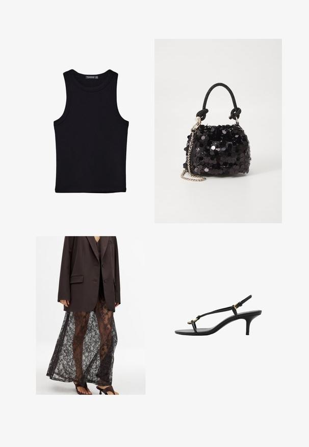 Schwarzes Tanktop aus Baumwolle mit rundem Halsausschnitt und weiten Armöffnungen. Glatte Textur mit genähten Säumen. Klassisches, minimalistisches Design.; Übergroße braune Blazer über einem transparenten schwarzen Spitzenrock mit Blumenmustern, kombiniert mit schwarzen High Heels Sandalen.; Schwarze Leder-Kitten-Heel-Sandale mit dünnen Riemen, goldener Schnalle und minimalistischer Zehen-Schlaufe vor einem weißen Hintergrund.; Schwarze Pailletten-Mini-Handtasche mit einem geknoteten, strukturierten Tragegurt und einer silbernen Kette. Abgerundete Form mit gerafftem oberen Teil und reflektierenden Details.