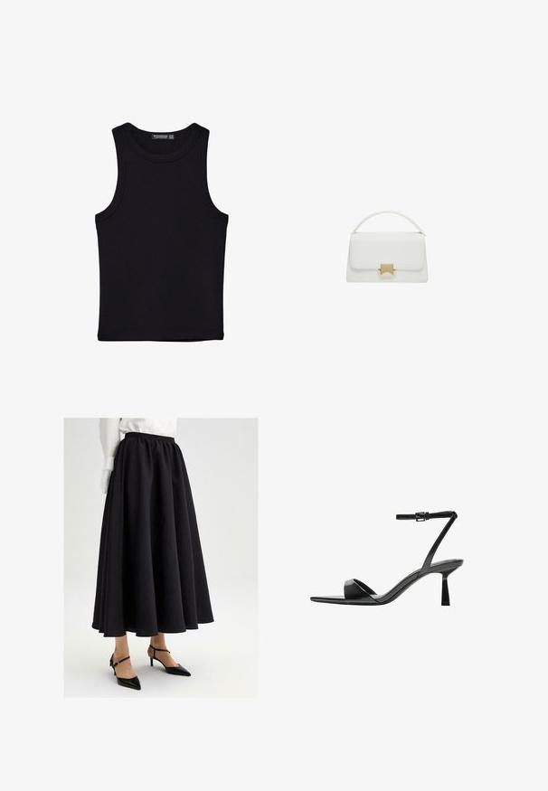 Svart linne i bomull, med rund halsringning och breda armhål. Slät yta med sydda fållar. Klassisk, minimalistisk design.; Svart maxikjol med en draperad midja, tillverkad av lättviktsmaterial. Har en slät textur och en subtil draperingsdesign, i kombination med klackar.; Bershka Sandaletter - black; Vit läderhandväska med en strukturerad design, som har ett ovanförhandtag och en guldfärgad lås. Slät textur och minimalistiska detaljer.