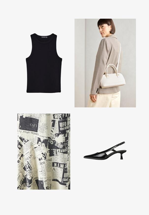 Canotta nera in cotone, caratterizzata da un colletto rotondo e ampi giromanica. Texture liscia con orli cuciti. Design classico e minimalista.; SOMETHINGNEW SIMONE CALF SKIRT - Gonna lunga - whitecap/gray; Tacchi slingback in pelle verniciata nera con punta affusolata, design con tagli laterali e tacco quadrato piccolo. Texture liscia con dettagli minimi.; Borsa a mano bianca strutturata con manici corti e tracolla, dotata di dettagli in metallo dorato e materiale testurizzato, esposta su uno sfondo grigio.