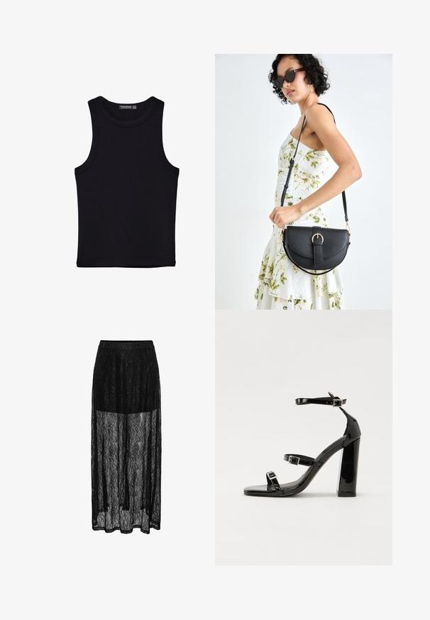 Zwarte tanktop gemaakt van katoen, met een ronde halslijn en brede armopeningen. Gladde textuur met gestikte zomen. Klassiek, minimalistisch ontwerp.; Zwarte maxi-rok van kant met een doorschijnende overlay, voorzien van een bloemenpatroon en een elastische tailleband voor comfort. Lange, vloeiende silhouet.; Zwarte patent lederen sandalen met hoge hakken, twee gespenbanden, een vierkante neus en een stevige blokhak, met een gladde, glanzende textuur.; Zwarte leren handtas met een gebogen vorm, afneembare schouderband en gouden hardware. De tas heeft een klep met een gespsluiting.