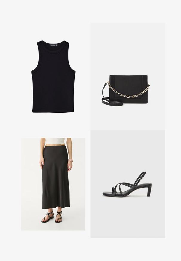 Schwarzes Tanktop aus Baumwolle mit rundem Halsausschnitt und weiten Armöffnungen. Glatte Textur mit genähten Säumen. Klassisches, minimalistisches Design.; Schwarzer, bodenlanger Rock aus glattem Stoff mit schmaler Taillierung. Getragen mit schwarzen, verstellbaren Sandalen mit metallic Akzenten.; Schwarze Sandale mit Riemchen, quadratischer Zehenform und niedrigem Blockabsatz. Verfügt über mehrere dünne Riemen und einen verstellbaren Knöchelriemen. Hergestellt aus glattem Leder.; Schwarze Leder-Crossbody-Tasche mit glatter Textur, rechteckiger Form und metallic-kettendetail auf der Vorderseite. Verstellbarer Gurt inklusive.