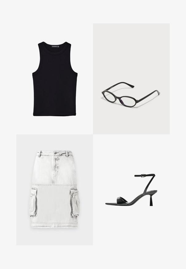 Sort tank top lavet af bomuld, med rund halsudskæring og brede armhuller. Glat tekstur med syede kanter. Klassisk, minimalistisk design.; Denim nederdel i lys grå med høj talje, frontknapper og to sidelommer. Lidt slidt stoftekstur.; Bershka Højhælede sandaletter / Højhælede sandaler - black; Sorte ovale briller med gennemskinnelige lilla accenter på linserne. Rammen har en mat finish og slanke, lige stænger.; Beige håndtaske lavet af blødt materiale med et slouchy design, stikninger og to skulderremme. Velegnet til daglig brug.