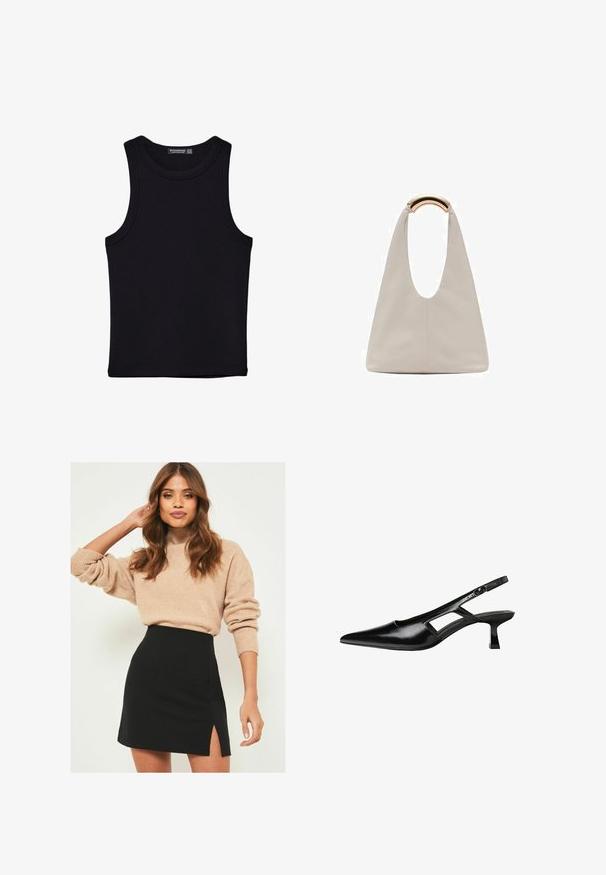Schwarzes Tanktop aus Baumwolle mit rundem Halsausschnitt und weiten Armöffnungen. Glatte Textur mit genähten Säumen. Klassisches, minimalistisches Design.; Lipsy SPLIT SIDE - Minirock - black; Schwarze Lackleder-Slingback-High Heels mit spitzer Zehenform, ausgeschnittenem Seitendesign und kleinem Blockabsatz. Glatte Textur mit minimalen Akzenten.; Hellgraue Lederhandtasche mit einem U-förmigen Design und einem geschwungenen, metallischen Griff. Glatte Textur mit minimalen Nähten und ohne sichtbare Muster.