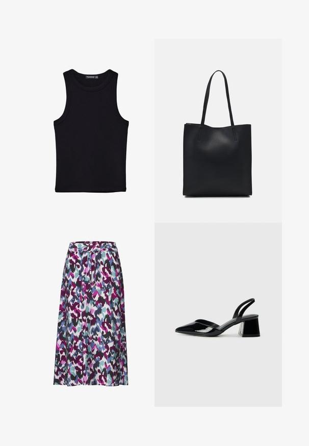 Schwarzes Tanktop aus Baumwolle mit rundem Halsausschnitt und weiten Armöffnungen. Glatte Textur mit genähten Säumen. Klassisches, minimalistisches Design.; Ein knielanger Rock mit einem bunten abstrakten Muster in den Farbtönen Lila, Türkis und Schwarz. Hergestellt aus leichtem, strukturiertem Stoff.; Schwarze Lackleder-Slingback-High Heels mit spitzem Schuh und einem geometrischen Blockabsatz. Verfügt über ein schlankes, minimalistisches Design und eine glatte Textur.; Schwarze Laptoptasche aus Leder mit glatter Textur, rechteckiger Form und zwei langen Griffen. Keine sichtbaren Beschläge oder Verzierungen.