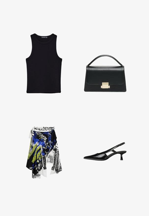 Sort tank top lavet af bomuld, med rund halsudskæring og brede armhuller. Glat tekstur med syede kanter. Klassisk, minimalistisk design.; Desigual ASYMMETRIC - Maxinederdele - black; Sorte patentlæder slingback hæle med spids tå, udskåret sideskærm og en lille firkantet hæl. Glat tekstur med minimale detaljer.; Sort læderhandtaske med et struktureret design, topbærerhåndtag og en detalje i guldfarvet metalklap på fronten. Glat tekstur, minimal syning.