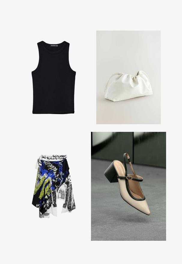 Crni top bez rukava od pamuka, s okruglim izrezom i širokim izrezima za ruke. Glatka tekstura s ušivenim rubovima. Klasičan, minimalistički dizajn.; Desigual ASYMMETRIC - Velika suknja - black; Bež sandala s visokim potpeticama, otvorenom petom, šiljastim vrhom, crnim rubom i detaljem kopče. Glatki materijal s mat završnom obradom, srednja blok potpetica.; Bijela torba od umjetne kože s nabranim dizajnom, zatvaranjem na vezicu i glatkom teksturom. Kružni oblik s mekanim naborima i minimalnim hardverom.