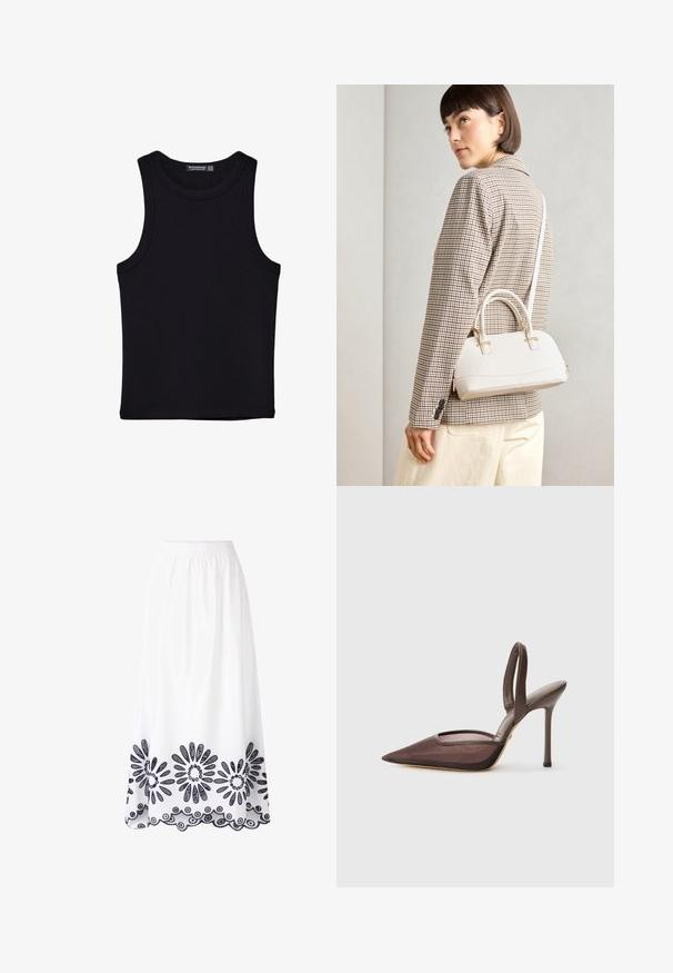 Zwarte tanktop gemaakt van katoen, met een ronde halslijn en brede armopeningen. Gladde textuur met gestikte zomen. Klassiek, minimalistisch ontwerp.; Witte lange rok gemaakt van stof met een elastische tailleband. Kenmerkende complexe marineblauwe bloemenborduurwerk langs de zoom en geschulpte rand.; Bruine slingback hoge hak met een spitse neus en een gaas overlay. Beschikt over een dunne hak en een open gedeelte aan de zijkanten.; Witte gestructureerde handtas met korte handvatten en een schouderband, voorzien van gouden hardwareaccenten en een textuurmateriaal, tentoongesteld tegen een grijze achtergrond.
