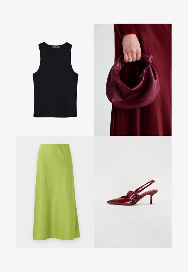 Čierny tank top vyrobený z bavlny, s okrúhlym výstrihom a širokými ramienkami. Hladká textúra so zošitými okrajmi. Klasický, minimalistický dizajn.; Sukňa strednej dĺžky z hladkej, živé limetkovej zelenej látky. Má jednoduchý, strihovo prispôsobený dizajn s elastickým pásom a splývavým siluetou.; Červené lakované kožené sandále na podpätku s jemne špičatou špičkou, dvoma prackovými remienkami a štíhlym, stredne vysokým ihlovým podpätkom. Hladký povrch.; Burgundská kožená kabelka s mäkkým, zhromaždeným dizajnom a zaobleným tvarom. Rukoväť je pevne zaisťujúca a vystavuje hladkú textúru.
