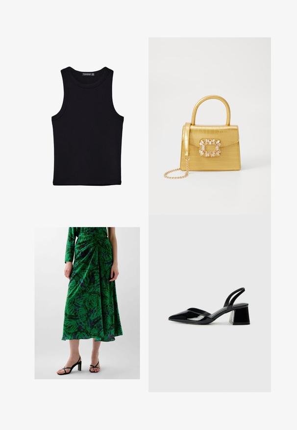 Schwarzes Tanktop aus Baumwolle mit rundem Halsausschnitt und weiten Armöffnungen. Glatte Textur mit genähten Säumen. Klassisches, minimalistisches Design.; Grüne gemusterte Rock mit gerüschtem Design, aus leichtem Stoff gefertigt. Mit lila und schwarzen Akzenten. Trägt schwarze High-Heels-Sandalen.; Schwarze Lackleder-Slingback-High Heels mit spitzem Schuh und einem geometrischen Blockabsatz. Verfügt über ein schlankes, minimalistisches Design und eine glatte Textur.; Gelbe Kunstleder-Handtasche im Krokodil-Look mit strukturiertem Design, Obergriff, abnehmbarem Kettenriemen und dekorativer Kristallverzierung am Verschluss.