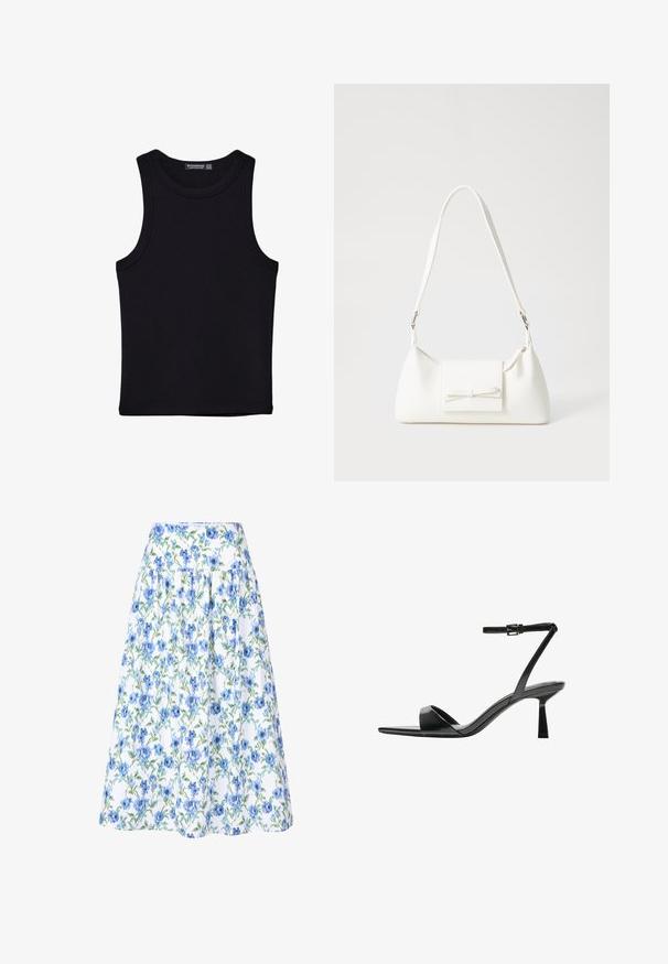 Sort tank top lavet af bomuld, med rund halsudskæring og brede armhuller. Glat tekstur med syede kanter. Klassisk, minimalistisk design.; Blomsterkjole med hvid baggrund, blå blomster og grønne blade, struktureret talje og samlet design for fylde.; Bershka Højhælede sandaletter / Højhælede sandaler - black; Hvid syntetisk håndtaske med en trekantet form, flad forsideklap og sløjfedetalje, justerbar strop, glat tekstur og minimalistisk design.