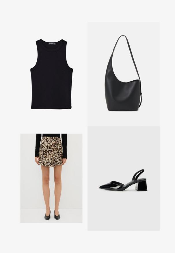Musta hihaton paita, joka on valmistettu puuvillasta, ja jossa on pyöreä kaula-aukko sekä leveät kainaloaukot. Silkkinen pinta ja ommellut reunat. Klassinen, minimalistinen muotoilu.; Minihame leopardipainatuksella, joka on valmistettu pehmeästä kankaasta. Hameessa on korkea vyötärö ja suora leikkaus. Yhdistetty mustiin teräväkärkisiin korkokenkiin.; Mustat patentoitu nahkakengät, joissa on säären takaosa ja terävä kärki, sekä geometrinen palikkakorko. Sisältää tyylikkään, minimalistisen muotoilun ja sileän pinnan.; Musta nahkainen hobo-laukku, jossa on sileä pinta, kaareva muoto ja yksi säädettävä olkahihna; sisäänkäynti on leveä ylhäältä.