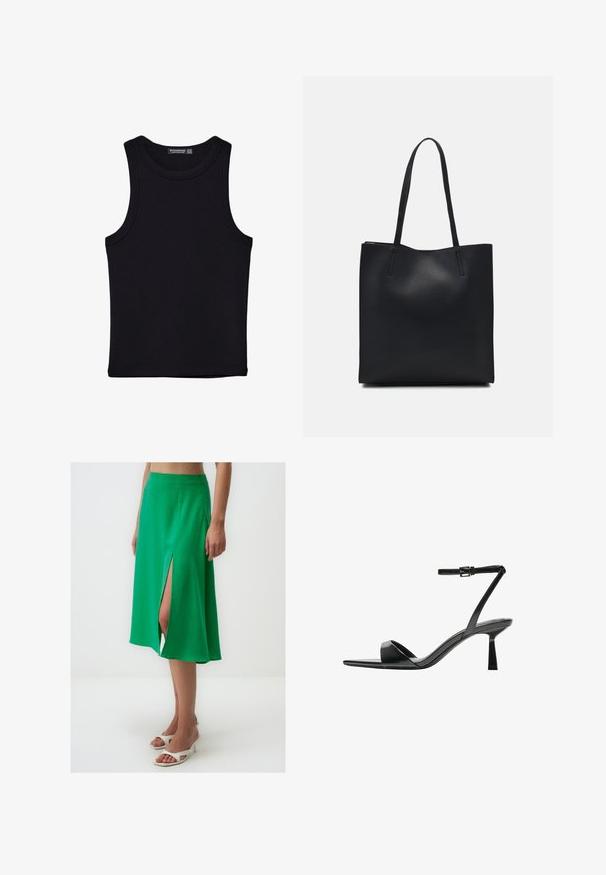 Schwarzes Tanktop aus Baumwolle mit rundem Halsausschnitt und weiten Armöffnungen. Glatte Textur mit genähten Säumen. Klassisches, minimalistisches Design.; Grüne Satin-Midi-Rock mit einem hohen Schlitz auf einer Seite, fließende Silhouette und glatte Textur. Kombiniert mit weißen Blockabsatzsandalen.; Bershka High Heel Sandalette - black; Schwarze Laptoptasche aus Leder mit glatter Textur, rechteckiger Form und zwei langen Griffen. Keine sichtbaren Beschläge oder Verzierungen.