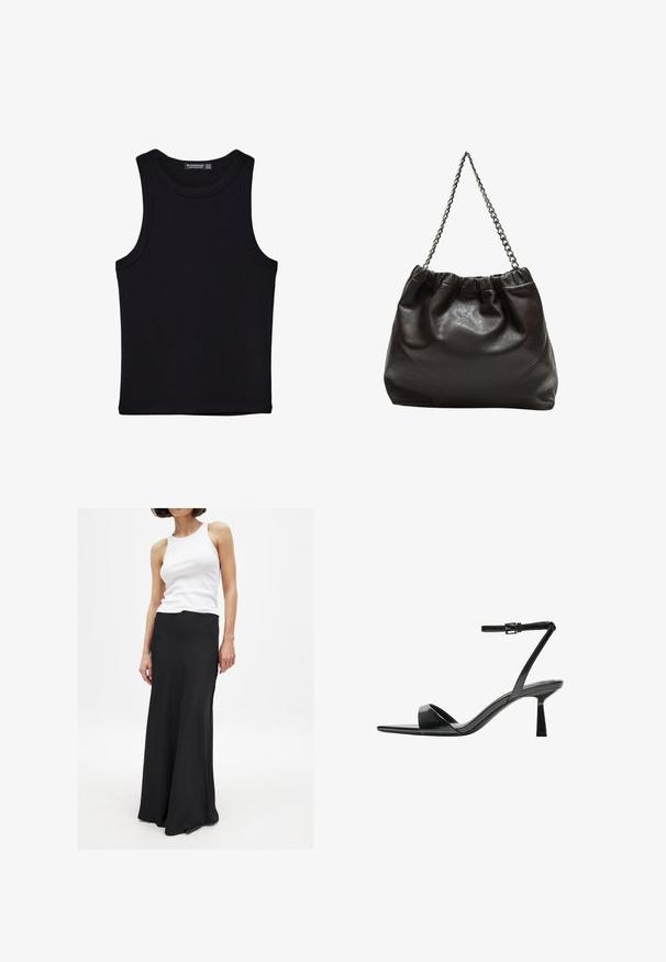 Schwarzes Tanktop aus Baumwolle mit rundem Halsausschnitt und weiten Armöffnungen. Glatte Textur mit genähten Säumen. Klassisches, minimalistisches Design.; Schwarzer, knöchellanger Rock aus glattem Stoff, mit tailliertem Schnitt und leicht ausgestelltem Saum. Getragen mit einem weißen Tanktop.; Bershka High Heel Sandalette - black; Braune Lederhandtasche mit gerafftem Oberteil und Kettenriemen. Glatte Textur mit glänzendem Finish und subtilen Nahtdetails an den Seiten.