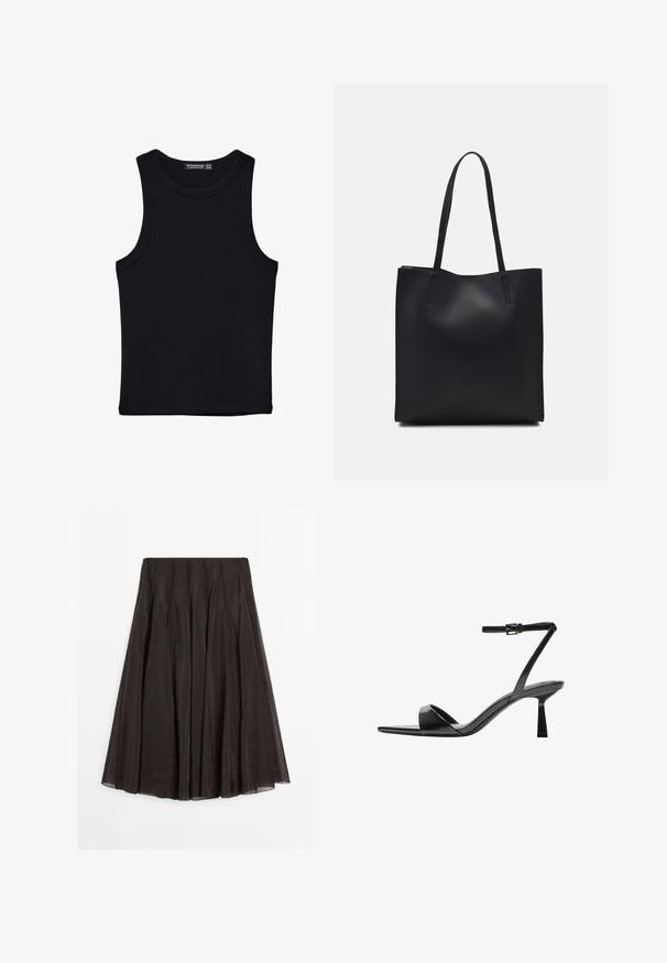 Zwarte tanktop gemaakt van katoen, met een ronde halslijn en brede armopeningen. Gladde textuur met gestikte zomen. Klassiek, minimalistisch ontwerp.; Donkerbruine A-lijn midi rok met verticale zoomdetails, lichtgewicht stof en een ritssluiting aan de achterkant.; Bershka Sandalen met hoge hak - black; Zwarte leren handtas met een gladde textuur, rechthoekige vorm en twee lange handvaten. Geen zichtbare hardware of versieringen.