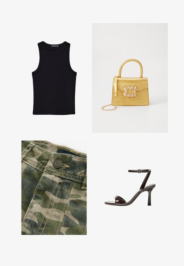 Črna majica brez rokavov iz bombaža, z okroglim izrezom in širokimi odprtinami za roke. Gladka tekstura s šivi na robovih. Klasičen, minimalističen dizajn.; Tkanina s kamuflažnim vzorcem v odtenkih zelene in bež, z vidnimi šivi. Ima kovinsko gumb na pasu, tekstura kot je denim.; Rjave visokosprti sandali iz pateniranega usnja z zaponko okoli gležnja, odprto konico in eleganten, minimalističen dizajn. Imajo kvadratno peto.; Rumeno usnjeno-usnje z vzorcem krokodila, s strukturiranim dizajnom, zgornjo ročajem, snemljivo verižico in dekorativnim kristalnim okrasjem na zaponki.