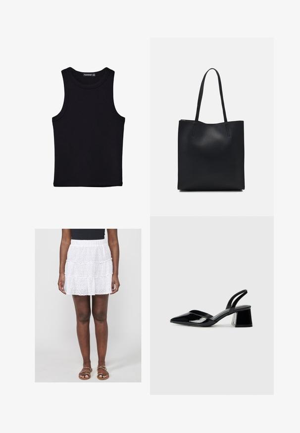 Schwarzes Tanktop aus Baumwolle mit rundem Halsausschnitt und weiten Armöffnungen. Glatte Textur mit genähten Säumen. Klassisches, minimalistisches Design.; Weißer, gestufter Minirock mit Lochstickerei und einem gerafften Taillenbund. Tragen mit flachen, schnürbaren Sandalen.; Schwarze Lackleder-Slingback-High Heels mit spitzem Schuh und einem geometrischen Blockabsatz. Verfügt über ein schlankes, minimalistisches Design und eine glatte Textur.; Schwarze Laptoptasche aus Leder mit glatter Textur, rechteckiger Form und zwei langen Griffen. Keine sichtbaren Beschläge oder Verzierungen.