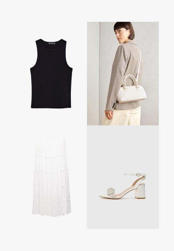 Schwarzes Tanktop aus Baumwolle mit rundem Halsausschnitt und weiten Armöffnungen. Glatte Textur mit genähten Säumen. Klassisches, minimalistisches Design.; Weiße, gestufte Rock aus leichtem Stoff, mit einem dehnbaren Bund, Rüschenschichten und einem fließenden Design, das bis zur Mitte der Wade reicht.; Weißer Offene-Toe-Sandalette mit dicker Blockabsatz, ausgestattet mit einem strukturierten Glitzerband über dem Fuß und einem verstellbaren Knöchelriemen.; Weiße strukturierte Handtasche mit kurzen Griffen und einem Schultergurt, ausgestattet mit goldfarbenen Hardware-Elementen und strukturiertem Material, vor einem grauen Hintergrund präsentiert.