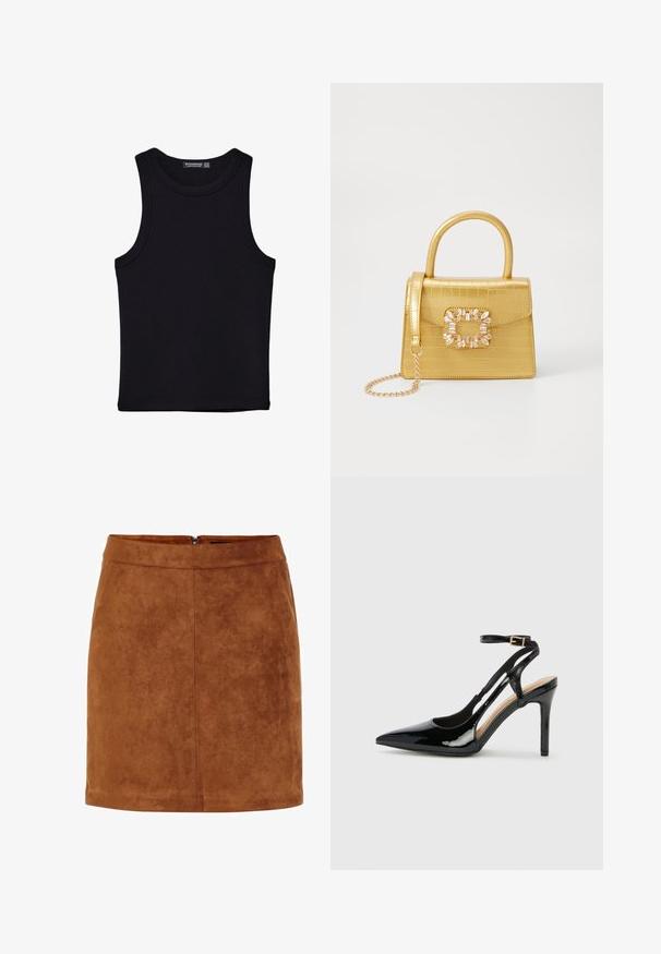 Musta hihaton paita, joka on valmistettu puuvillasta, ja jossa on pyöreä kaula-aukko sekä leveät kainaloaukot. Silkkinen pinta ja ommellut reunat. Klassinen, minimalistinen muotoilu.; Ruskea mokkanahkainen minihame, jossa on sileä pinta, suora leikkaus ja huomaamaton takavetoketju. Rakenteen vuoksi siinä on saumarakenne.; Mustat lakatut korkokengät, joissa on avonaiset sivut, säätömahdollisuus nilkkahihnassa ja teräväkärkinen muoto. Suora pinta.; Keltainen keinonahkainen krokotiililaukku, jossa on jämäkkä muotoilu, yläkahva, irrotettava ketjusanka ja koristeellinen kristallikoristelu lukossa.