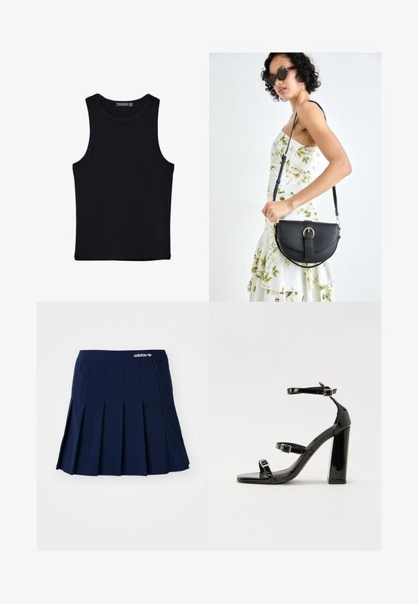 Črna majica brez rokavov iz bombaža, z okroglim izrezom in širokimi odprtinami za roke. Gladka tekstura s šivi na robovih. Klasičen, minimalističen dizajn.; Mornarica plisirana krila iz lahkega materiala; ima elastičen pas in manjši žep na zadrgo, na sprednji strani pa belo Adidasovo logo.; Črne lakaste sandale z visokimi petami, z dvema trakovoma z zaponkama, kvadratnim sprednjim delom in masivno širšo peto, z gladko, sijočo teksturo.; Črna usnjena torbica s ukrivljeno obliko, z odstranljivo naramnico in zlatimi dodatki. Torbica ima pokrov s podrobnostmi v obliki zaponke.