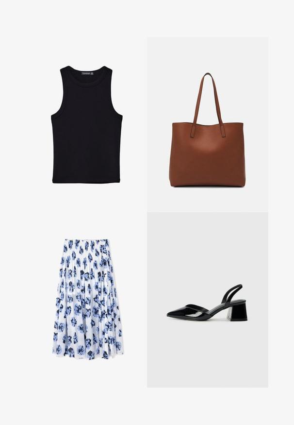 Czarny top na ramionczkach wykonany z bawełny, z okrągłym dekoltem i szerokimi wycięciami na ramionach. Gładka tekstura z przeszytymi brzegami. Klasyczny, minimalistyczny design.; Plisowana spódnica z lekkiego materiału, z białym tłem i niebieskimi kwiatowymi wzorami z ciemnymi akcentami.; Czarne lakierowane półbuty na obcasie z wydłużonym noskiem i geometrycznym słupkiem. Charakteryzują się eleganckim, minimalistycznym designem oraz gładką fakturą.; Brązowa skórzana torba tote o gładkiej fakturze, z otwartym wierzchem i dwoma ramiączkami. Charakteryzuje się minimalnym przeszyciem i brakiem widocznych elementów metalowych.
