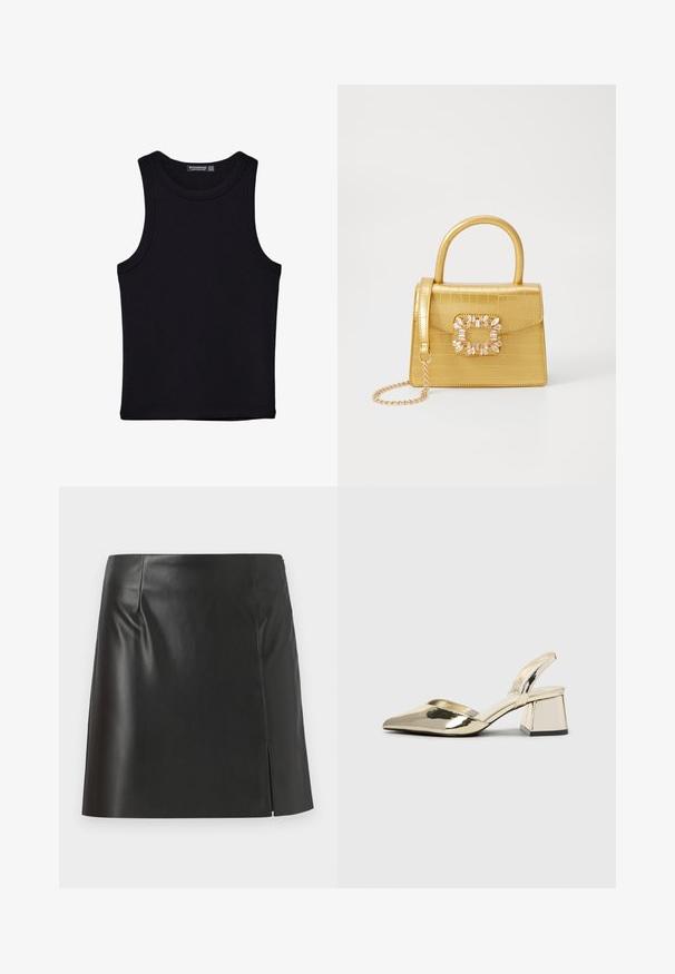 Črna majica brez rokavov iz bombaža, z okroglim izrezom in širokimi odprtinami za roke. Gladka tekstura s šivi na robovih. Klasičen, minimalističen dizajn.; Črna usnjena mini krilo s ravnim krojem, gladko teksturo in bočnim zadrgo ter razporkom na eni strani.; Zlati, kovinski slingback čeveljci z ostrim nosom in masivnim peto. Gladka tekstura, minimalistična zasnova in ozka zanka.; Rumeno usnjeno-usnje z vzorcem krokodila, s strukturiranim dizajnom, zgornjo ročajem, snemljivo verižico in dekorativnim kristalnim okrasjem na zaponki.