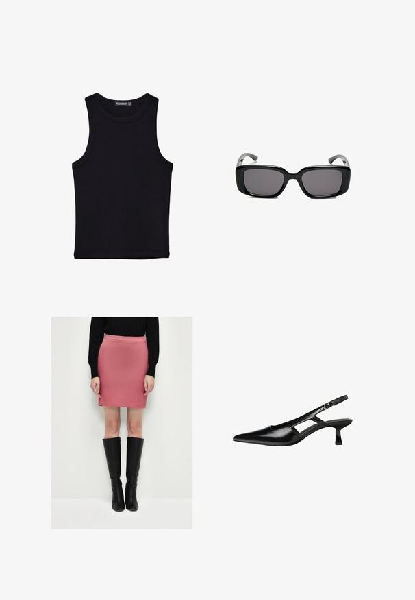 Svart linne i bomull, med rund halsringning och breda armhål. Slät yta med sydda fållar. Klassisk, minimalistisk design.; Rosa figursydd kjol i ett strukturerat tyg, kombinerad med svarta knähöga läderstövlar. Enkel design med en slät midjeresår.; Svart lackläder slingback-klackar med spetsig tå, utskuren sidor och en liten fyrkantig klack. Slät textur med minimala accenter.; Svarta rektangulära solglasögon med mörka linser, slimmad plastbåge och böjda tempel. Designen är kraftig med en minimalistisk estetik.