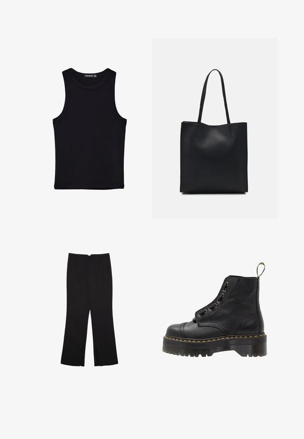 Canotta nera in cotone, caratterizzata da un colletto rotondo e ampi giromanica. Texture liscia con orli cuciti. Design classico e minimalista.; Pantaloni neri a gamba dritta, con tasche frontali e spacchi laterali all'orlo. Realizzati in tessuto morbido e liscio. Adatti a diverse occasioni.; Stivale alla caviglia in pelle nera con superficie testurizzata, punta tonda, design con lacci, cuciture gialle e una suola piatta nera spessa e scanalata.; Borsa tote in pelle nera con texture liscia, forma rettangolare e due manici lunghi. Nessun hardware o decorazione visibile.; Orecchini a cerchio in argento con una finitura liscia e lucida. Ogni orecchino presenta una forma curvata e un design aperto per un facile utilizzo.