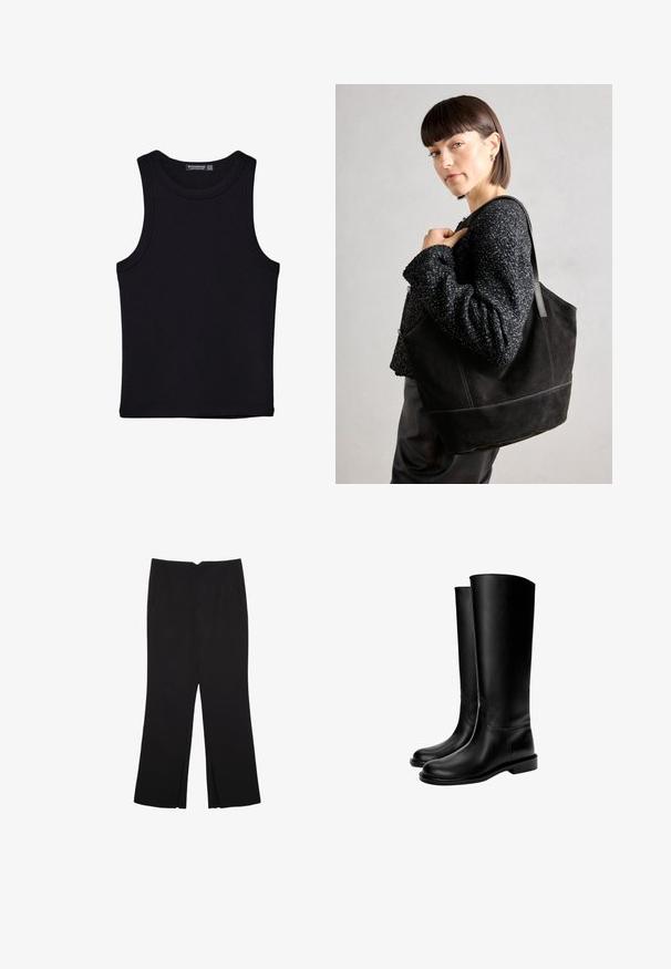 Crni top bez rukava od pamuka, s okruglim izrezom i širokim izrezima za ruke. Glatka tekstura s ušivenim rubovima. Klasičan, minimalistički dizajn.; Crne hlače ravnog kroja, s prednjim džepovima i bočnim prorezima na rubu. Izrađene od mekog i glatkog materijala. Pogodne za razne prigode.; Crne kožne čizme do koljena s glatkom teksturom, okruglim vrhom, ravnim potplatom i minimalističkim dizajnom, s šivenim šavovima i bez vidljivih dijelova.; Crna suede torba s glatkom teksturom, strukturiranim oblikom i kontrastnim šavovima. Ima duge trake za nošenje preko ramena.