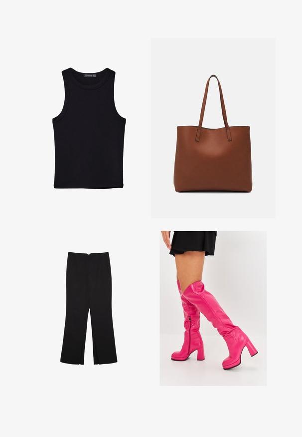 Sort tank top lavet af bomuld, med rund halsudskæring og brede armhuller. Glat tekstur med syede kanter. Klassisk, minimalistisk design.; Sorte bukser med lige pasform, der har frontlommer og slidser i kanten. Lavet af blødt, glat stof. Velegnet til forskellige anledninger.; Lyserøde støvler over knæet lavet af glat læder med en chunky høj hæl og side lynlås, med en foldet top for ekstra designdetalje.; Brun læder tote taske med en glat overflade, åben topdesign og to skulderremme. Har minimal syning og ingen synlig hardware.