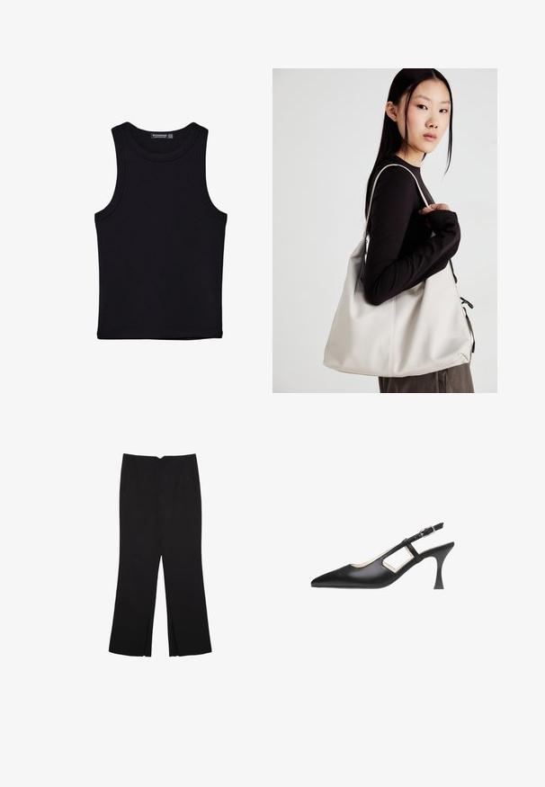 Black tank top made of cotton, featuring a round neckline and wide armholes. Smooth texture with stitched hems. Classic, minimalist design.; Black trousers with a straight fit, featuring front pockets and side slits at the hem. Made of soft, smooth fabric. Suitable for various occasions.; Black slingback pump made of smooth leather, featuring a pointed toe, slender heel, and side cutouts with a buckle strap.; Beige handbag made of soft material, featuring a slouchy design, stitched detailing, and two shoulder straps. Suitable for everyday use.
