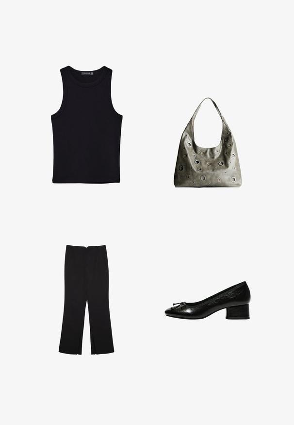 Musta hihaton paita, joka on valmistettu puuvillasta, ja jossa on pyöreä kaula-aukko sekä leveät kainaloaukot. Silkkinen pinta ja ommellut reunat. Klassinen, minimalistinen muotoilu.; Mustat housut suoralinjaisella leikkauksella, joissa on etutaskut ja sivurei'ät helman alla. Valmistettu pehmeästä ja sileästä kankaasta. Sopii eri tilaisuuksiin.; Musta kiiltävä nahka korkokenkä, jossa on pyöreä kärki, pieni lohkokorko ja nauhakoriste edessä. Sileä pinta kiiltävällä viimeistelyllä.; Oliivinvihreä nahkalaukku, jossa on rento muotoilu, ja jossa on erilaisia kokoisia pyöreitä läpivientejä sekä tummempia ja vaaleampia yksityiskohtia.