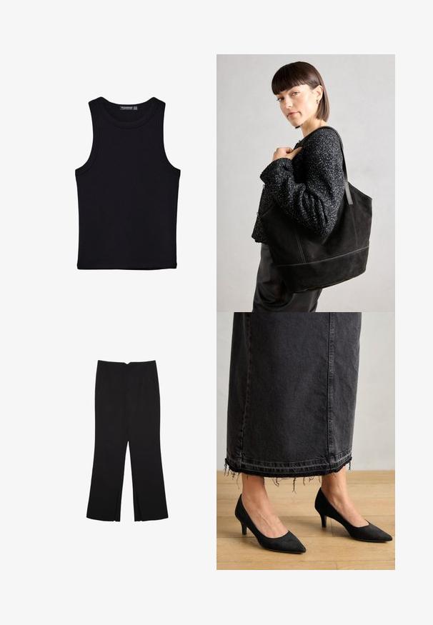 Svart linne i bomull, med rund halsringning och breda armhål. Slät yta med sydda fållar. Klassisk, minimalistisk design.; Svarta byxor med rak passform, utrustade med framfickor och sidoklyvningar vid fållen. Tillverkade av mjukt, slätt tyg. Lämpliga för olika tillfällen.; Svarta mockaskor med spetsig tå och 7,5 cm klack, som är parat med en lång, mörk denimkjol med fransade detaljer i nederkant.; Svart mocka tote-väska med en slät textur, strukturerad form och kontrasterande sömmar. Har långa bärremmar för axelbärande.