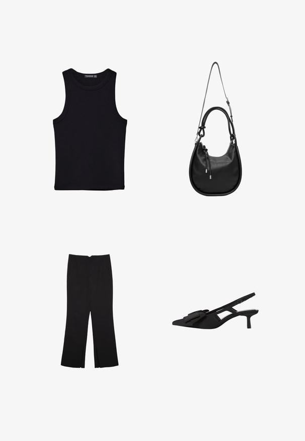 Black tank top made of cotton, featuring a round neckline and wide armholes. Smooth texture with stitched hems. Classic, minimalist design.; Black trousers with a straight fit, featuring front pockets and side slits at the hem. Made of soft, smooth fabric. Suitable for various occasions.; Black slingback heels with a pointed toe, fabric material, flat bow detail on the front, and a slender mid-heel. Open sides and adjustable strap.; Black leather handbag with a rounded shape, a single shoulder strap, and a zip closure. Features knotted accents on the strap.