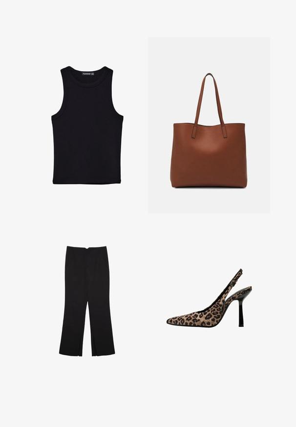 Sort tank top lavet af bomuld, med rund halsudskæring og brede armhuller. Glat tekstur med syede kanter. Klassisk, minimalistisk design.; Sorte bukser med lige pasform, der har frontlommer og slidser i kanten. Lavet af blødt, glat stof. Velegnet til forskellige anledninger.; Pattent med leopardprint og slingback hæle med spids tå, sorte patenterede detaljer, tynd høj hæl og justerbar spænde. Syntetisk materiale.; Brun læder tote taske med en glat overflade, åben topdesign og to skulderremme. Har minimal syning og ingen synlig hardware.