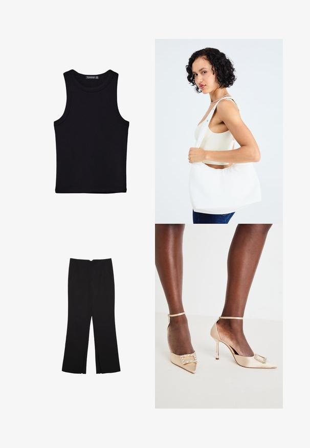 Sort tank top lavet af bomuld, med rund halsudskæring og brede armhuller. Glat tekstur med syede kanter. Klassisk, minimalistisk design.; Sorte bukser med lige pasform, der har frontlommer og slidser i kanten. Lavet af blødt, glat stof. Velegnet til forskellige anledninger.; Beige satin højhælede sko med spidse tåer, der har en smykket spænde detalje og ankelrem. Blank stiletto hæle.; Hvid skuldertaske lavet af glat materiale med en oval udskæring og bred stropdesign. Enkel og moderne med ingen synlig hardware.