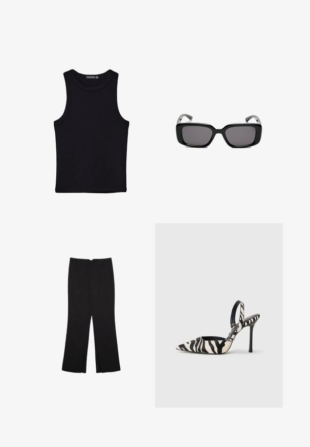 Čierny tank top vyrobený z bavlny, s okrúhlym výstrihom a širokými ramienkami. Hladká textúra so zošitými okrajmi. Klasický, minimalistický dizajn.; Čierne nohavice so strihom rovného strihu, s prednými vreckami a bočnými rozparkami na leme. Vyrobené z mäkkej, hladkej tkaniny. Vhodné na rôzne príležitosti.; Lodičky s špičatou špičkou a otvorenou pätou v čierno-krémovom zebrovom vzore, s tenkým vysokým podpätkom a čiernym interiérom.; Čierne obdĺžnikové slnečné okuliare s tmavými sklami, hladkým plastovým rámom a zakrivenými stranami. Dizajn je robustný s minimalistickou estetikou.; Čierna kožená kabelka s textúrovaným povrchom, ktorá má dve vrchné rukoväte, odnímateľný popruh cez rameno a strieborný uzáver.