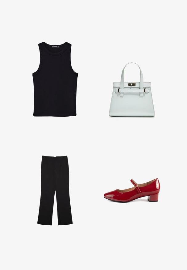 Musta hihaton paita, joka on valmistettu puuvillasta, ja jossa on pyöreä kaula-aukko sekä leveät kainaloaukot. Silkkinen pinta ja ommellut reunat. Klassinen, minimalistinen muotoilu.; Mustat housut suoralinjaisella leikkauksella, joissa on etutaskut ja sivurei'ät helman alla. Valmistettu pehmeästä ja sileästä kankaasta. Sopii eri tilaisuuksiin.; Punainen lakattu nahkainen Mary Jane -kengät, joissa on pyöreä varvas, matala lohkaremmakorko ja säädettävä hihna, jossa on pieni solkiyksityiskohta.; Vaaleansininen käsilaukku, jossa on jämäkkä muotoilu, kaksi kahvaa ja hopeanvärinen kiinnitys. Pinta on teksturoitu ja kulmat terävät.