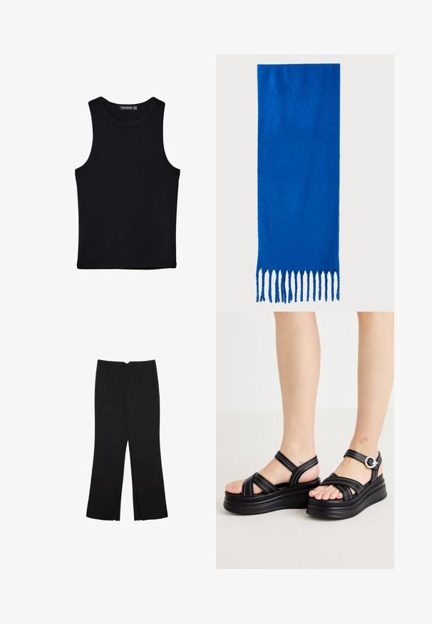 Černý top na ramínka vyrobený z bavlny, s kulatým výstřihem a širokými průramky. Hladká textura s prošitými lemy. Klasický, minimalistický design.; Černé kalhoty s rovným střihem, s předními kapsami a bočními rozparky na lemu. Vyrobené z jemné, hladké tkaniny. Vhodné na různé příležitosti.; Černé platformové sandály s překříženými popruhy, stříbrnými detaily a bílým prošíváním. Navržené s robustní podrážkou a otevřenou špičkou.; Modrý šátek s třásněmi vyrobený z měkké tkaniny; má jednobarevný vzhled s texturovaným povrchem a rovnoměrně střiženými třásněmi na spodní straně.; Černá kožená kabelka se strukturovaným designem, horním uchopením a zlatým kovovým zapínáním na přední straně. Hladký povrch, minimální švy.