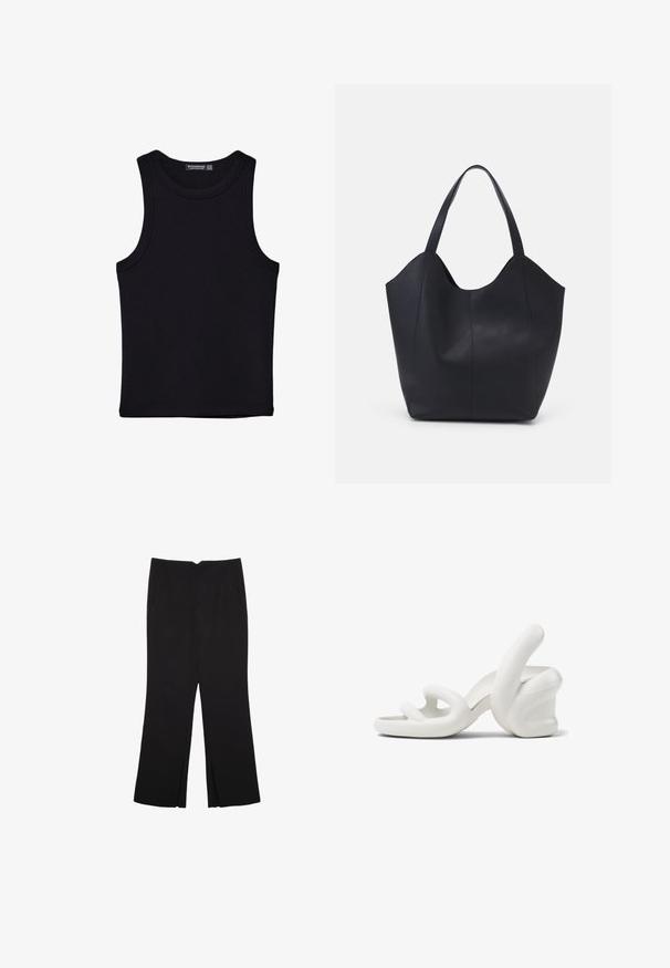 Czarny top na ramionczkach wykonany z bawełny, z okrągłym dekoltem i szerokimi wycięciami na ramionach. Gładka tekstura z przeszytymi brzegami. Klasyczny, minimalistyczny design.; Czarne spodnie o prostym kroju, z przednimi kieszeniami i bocznymi rozcięciami na dole. Wykonane z miękkiego, gładkiego materiału. Odpowiednie na różne okazje.; Białe rzeźbiarskie sandały na wysokim obcasie z falistym wzorem, gładką teksturą i masywnym obcasem w kształcie dłoni.; Czarna torba na ramię wykonana z gładkiej skóry, z zaokrąglonym, otwartym topem i dwoma paskami na ramię oraz minimalistycznym designem.