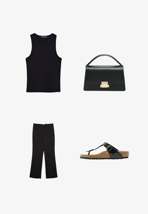 Débardeur noir en coton, avec un col rond et des emmanchures larges. Texture lisse avec des ourlets cousus. Design classique et minimaliste.; Pantalon noir avec une coupe droite, doté de poches avant et d'éclairs sur l'ourlet. Fabriqué en tissu doux et lisse. Convient à diverses occasions.; Sandale en cuir verni noire avec boucle réglable, semelle en liège et semelle en caoutchouc. Présente un design élégant avec une semelle texturée.; Sac à main en cuir noir au design structuré, avec une poignée supérieure et un détail de fermoir en métal doré à l'avant. Texture lisse, couture minimale.