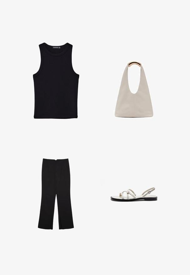 Schwarzes Tanktop aus Baumwolle mit rundem Halsausschnitt und weiten Armöffnungen. Glatte Textur mit genähten Säumen. Klassisches, minimalistisches Design.; Schwarze Hose mit geradem Schnitt, ausgestattet mit Fronttaschen und Seitenschlitzen am Saum. Hergestellt aus weichem, glattem Stoff. Geeignet für verschiedene Anlässe.; Flache Sandalen mit dünnen metallischen Riemen, einem hellen Cremeton oben und einer schwarzen Sohle. Verstellbare Schnalle am Knöchelriemen.; Hellgraue Lederhandtasche mit einem U-förmigen Design und einem geschwungenen, metallischen Griff. Glatte Textur mit minimalen Nähten und ohne sichtbare Muster.