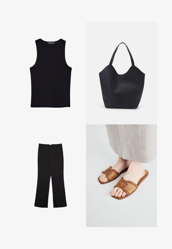 Sort tank top lavet af bomuld, med rund halsudskæring og brede armhuller. Glat tekstur med syede kanter. Klassisk, minimalistisk design.; Sorte bukser med lige pasform, der har frontlommer og slidser i kanten. Lavet af blødt, glat stof. Velegnet til forskellige anledninger.; Brune slidesandaler med vævet tekstil og glatte læderdetaljer, med en flad sål og en dekoreret rem.; Sort tote taske lavet af glat læder, med en buet, åben top, to skulderstropper og et minimalistisk design.