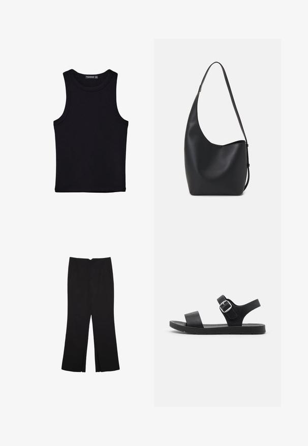 Černý top na ramínka vyrobený z bavlny, s kulatým výstřihem a širokými průramky. Hladká textura s prošitými lemy. Klasický, minimalistický design.; Černé kalhoty s rovným střihem, s předními kapsami a bočními rozparky na lemu. Vyrobené z jemné, hladké tkaniny. Vhodné na různé příležitosti.; Černé sandály s plochou podrážkou, nastavitelnou sponou, dvěma širokými popruhy a hladkým povrchem, navržené pro pohodlí a snadné nošení.; Černá kožená hobo taška s hladkým povrchem, zakřiveným tvarem a jedním nastavitelným popruhem; má široké otevírání nahoře.