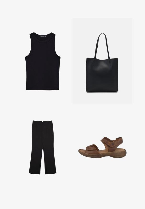 Czarny top na ramionczkach wykonany z bawełny, z okrągłym dekoltem i szerokimi wycięciami na ramionach. Gładka tekstura z przeszytymi brzegami. Klasyczny, minimalistyczny design.; Czarne spodnie o prostym kroju, z przednimi kieszeniami i bocznymi rozcięciami na dole. Wykonane z miękkiego, gładkiego materiału. Odpowiednie na różne okazje.; Brązowe skórzane sandały z wyściełaną wkładką, dwiema regulowanymi sznurówkami i teksturowaną gumową podeszwą. Zawierają widoczne detale szycia.; Czarna skórzana torba tote o gładkiej fakturze, prostokątnym kształcie i dwóch długich uchwytach. Brak widocznych elementów metalowych i ozdób.