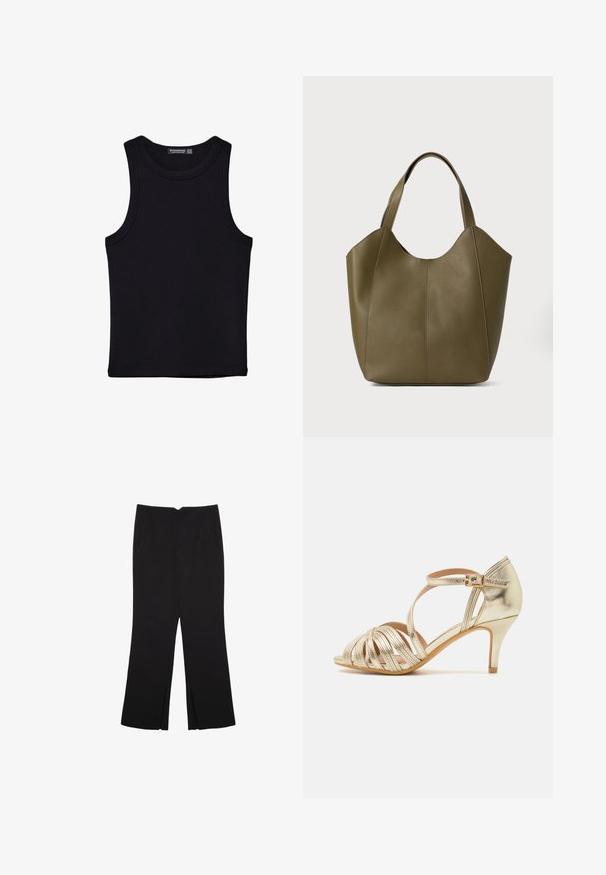Černý top na ramínka vyrobený z bavlny, s kulatým výstřihem a širokými průramky. Hladká textura s prošitými lemy. Klasický, minimalistický design.; Černé kalhoty s rovným střihem, s předními kapsami a bočními rozparky na lemu. Vyrobené z jemné, hladké tkaniny. Vhodné na různé příležitosti.; Zlaté metalické sandály na vysokém podpatku s kříženými pásky, otevřenou špičkou, nastavitelným kotníkovým páskem se sponou a štíhlým designem podpatku.; Olivově zelená kožená taška s dvojitými popruhy, hladký povrch a design se čtyřmi panely. Zpevněné švy podél spojů pro větší odolnost.
