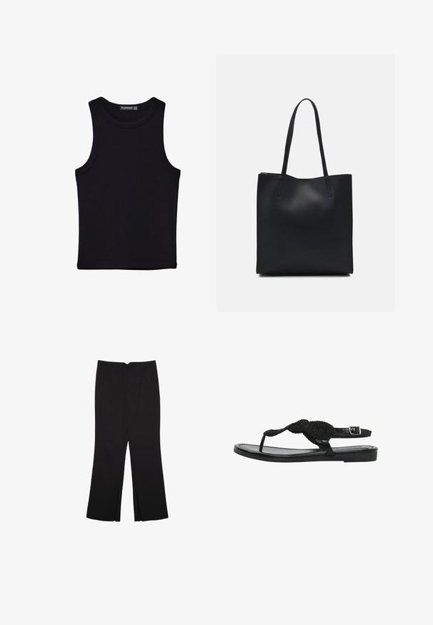 Črna majica brez rokavov iz bombaža, z okroglim izrezom in širokimi odprtinami za roke. Gladka tekstura s šivi na robovih. Klasičen, minimalističen dizajn.; Črne hlače ravnega kroja z naglavnimi žepi in stranskimi razporki na robu. Narejene iz mehke, gladke tkanine. Primerne za različne priložnosti.; Črne ravne sandale z pletenim trakom, nastavljivim zaponkom okoli gležnja in gladkim podplatom, ki spominja na usnje. Minimalističen dizajn s sleek silhueto.; Črna usnjena torba s svilnato teksturo, pravokotne oblike in dvema dolgima ročajema. Brez vidnih metalnih delov ali okrasnih elementov.