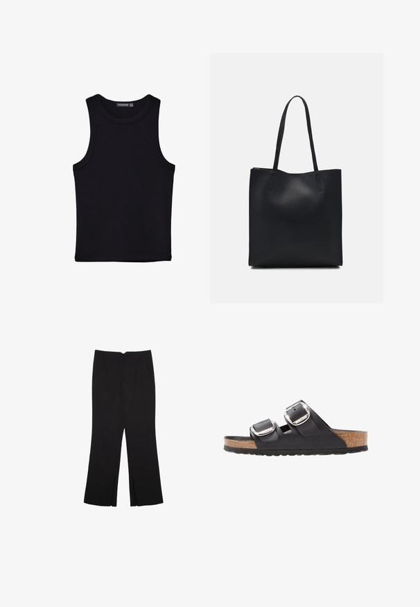 Svart linne i bomull, med rund halsringning och breda armhål. Slät yta med sydda fållar. Klassisk, minimalistisk design.; Svarta byxor med rak passform, utrustade med framfickor och sidoklyvningar vid fållen. Tillverkade av mjukt, slätt tyg. Lämpliga för olika tillfällen.; Svart sandal med två justerbara remmar, silverbuckle, och en korkfotbädd på en texturerad svart gummisula.; Svart lädertoffelväska med slät textur, rektangulär form och två långa handtag. Ingen synlig hårdvara eller dekorationer.